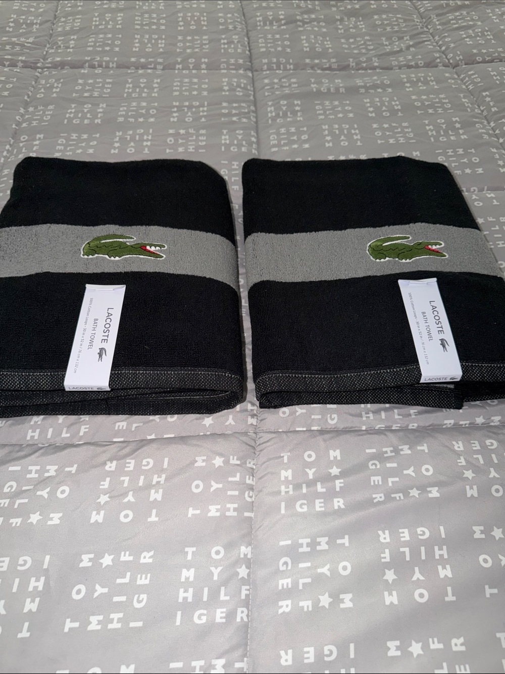Lacoste Black & Gray Towels with Green Croc Embroidery - Pair